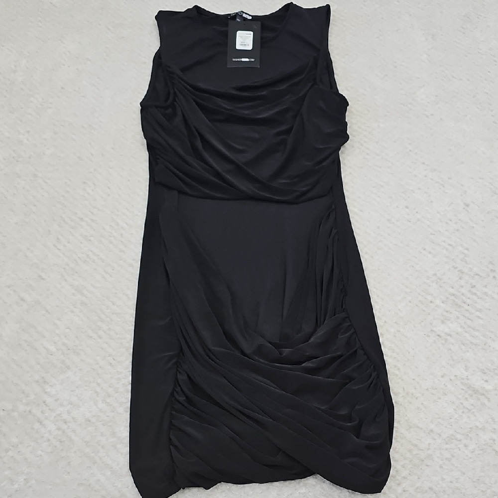 Fashion Nova Black Asymmetrical Ruched Midi Dress for Night Out